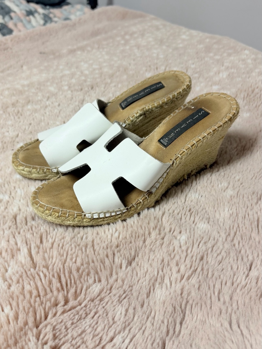 White Leather Espadrille Wedge Slide - Women's
